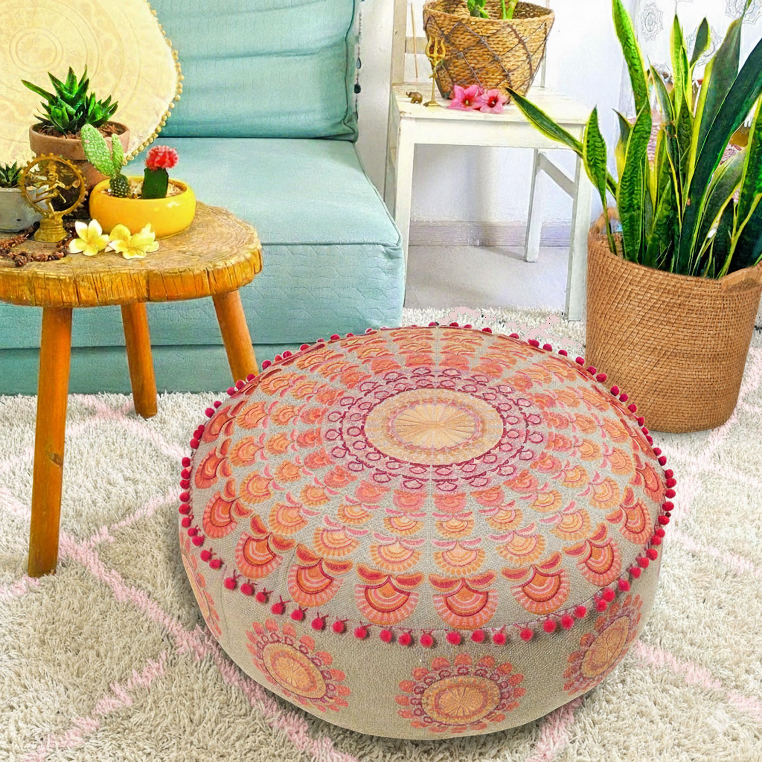 Turquoise Round Velvet Pouf Cover - Soft Embroidered Ottoman Slipcover with Moroccan Design, 24 Inch Diameter, Ideal for Living Room, Bedroom, or Meditation Space -Decorative Floow Pillow Cushion
