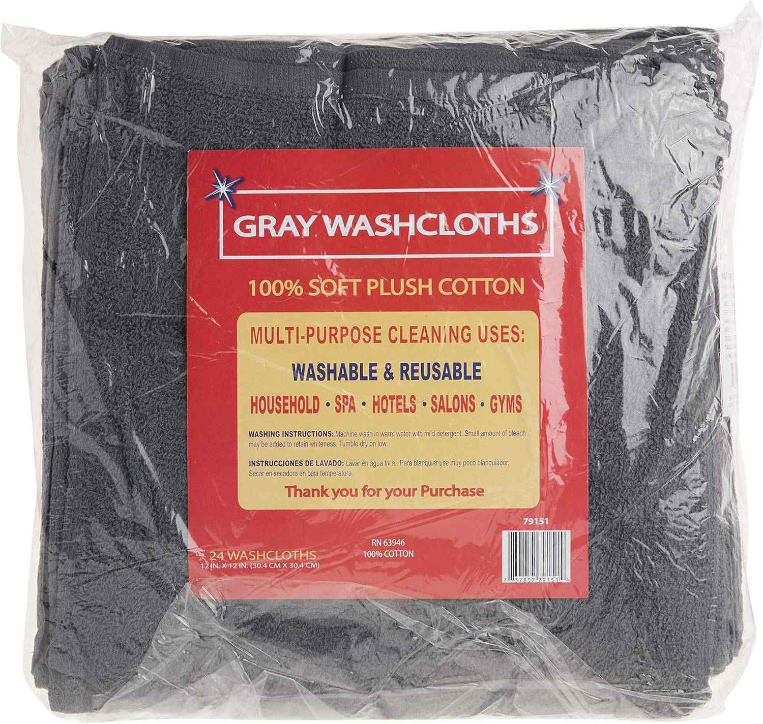 Simpli-Magic Cotton Washcloths 12” x 12”, Gray 24 Pack: Home & Kitchen