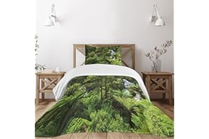 Ambesonne Rainforest Bedspread, Rainforest with Waterfall River Tourist Attraction Tropical Lands Green Theme, Decorative Quilted 2 Piece Coverlet Set with Pillow Sham, Twin Size, Green