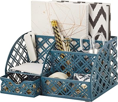 EXERZ Desk Organiser Mesh Desk Tidy Caddy 7 Compartments Aegean Blue