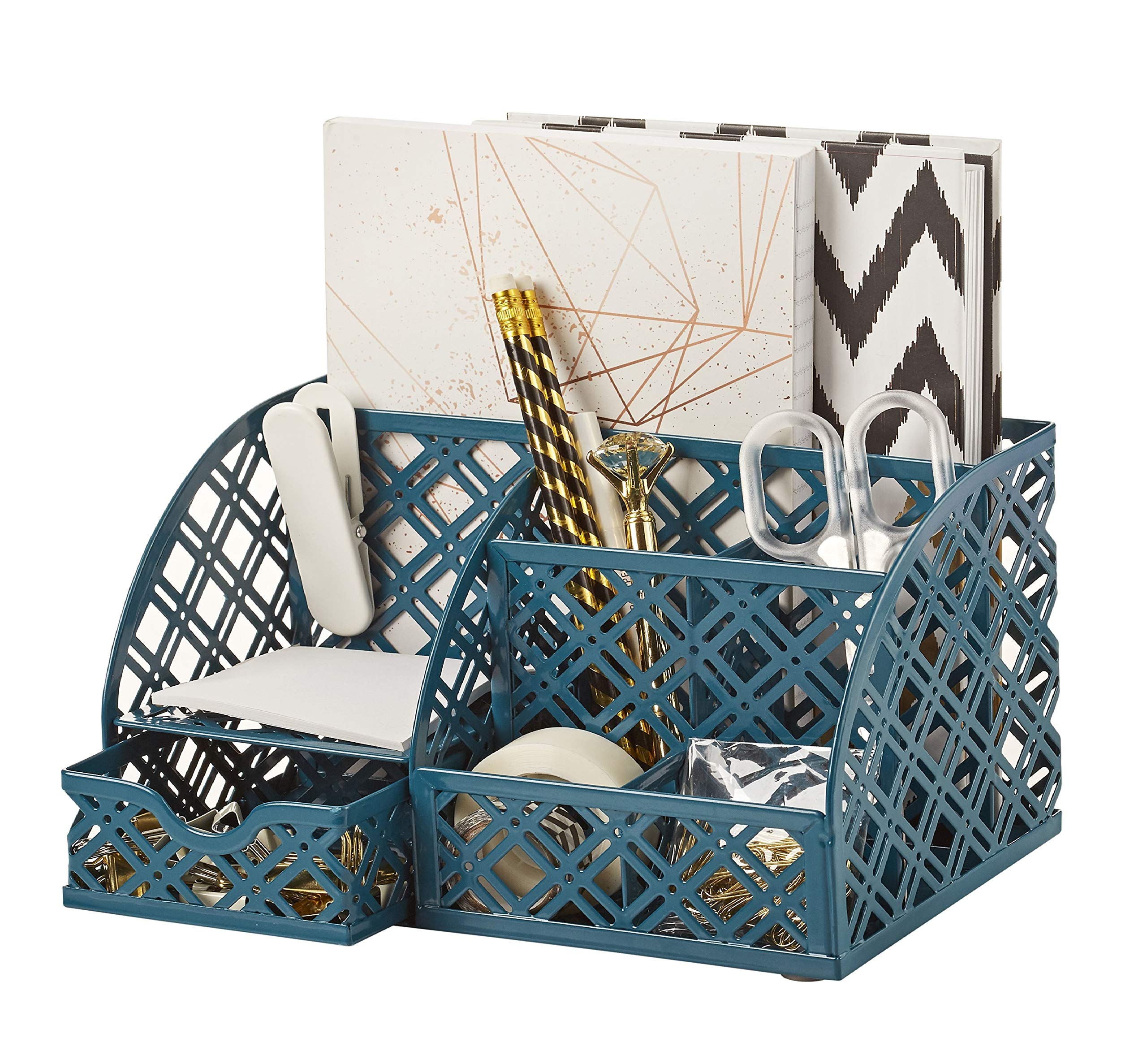 EXERZ Desk Organiser/Mesh Desk Tidy Caddy/Pencil Holder Multifunctional with 7 Compartments(Aegean Blue)