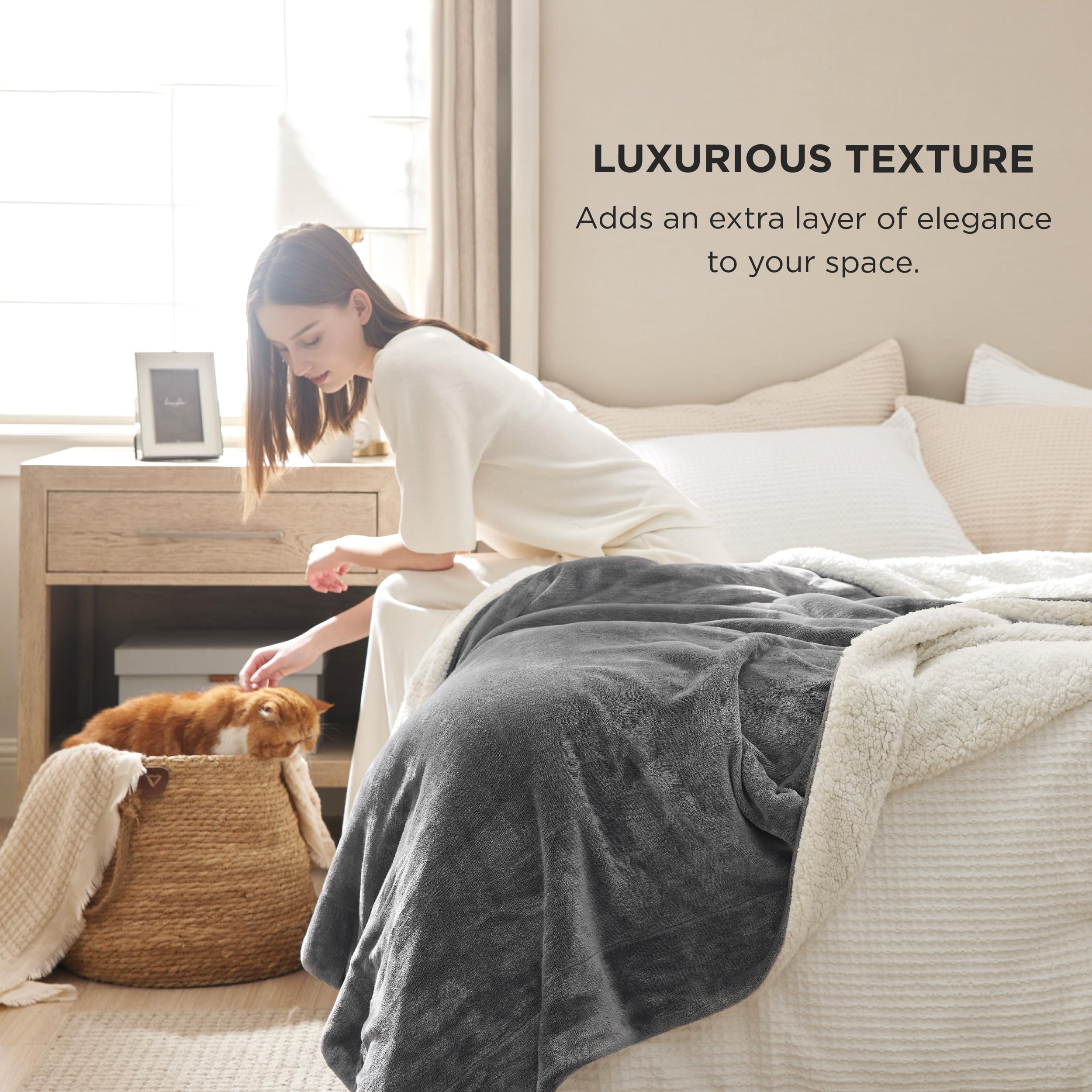 Bedsure GentleSoft Sherpa Fleece Blankets Queen Size for Bed - Thick and Warm, Soft Fuzzy Plush Queen Blanket for Winter, Grey, 90x90 Inches