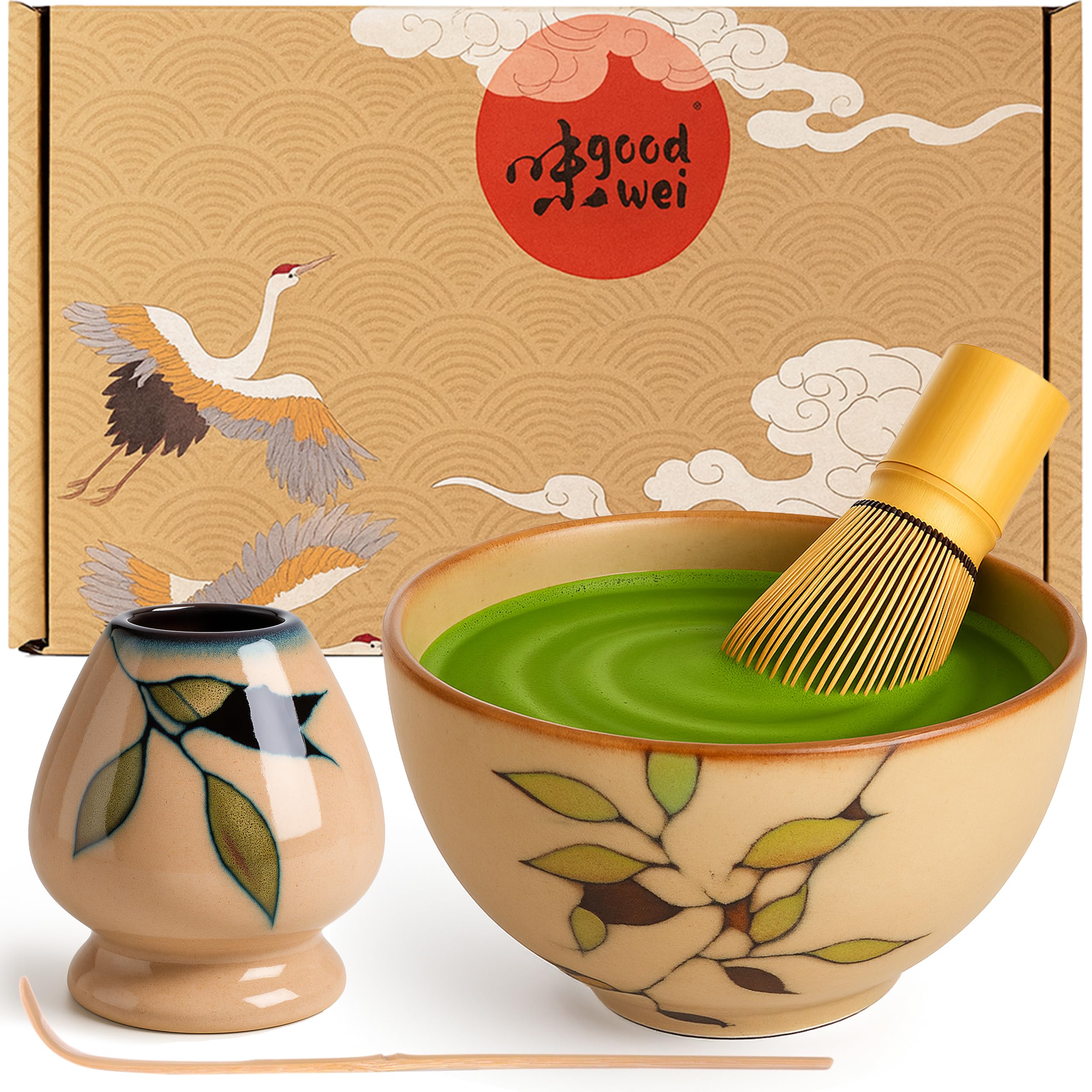 Goodwei Matcha Set with Matcha Whisk, Spoon and Ceramic Matcha Bowl with Whisk Holder in Matching Design | Artisanal Matcha Tea Bowl Chawan | Gift Set (Bamboo, 80)