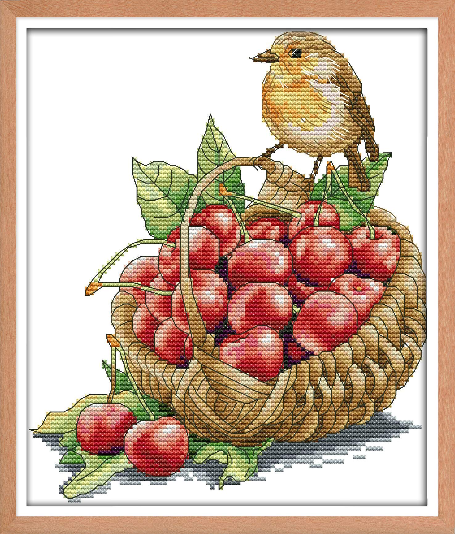 OWN4B Cross Stitch Kits Stamped, Bird and Cherries Printed Pattern 11CT 11.0x13.8 inch DIY Embroidery Kit