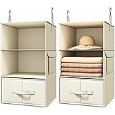 Vailando 3-Shelf Hanging Closet Organizer, Set of 2 Hanging Shelves with 2 Drawers for Wardrobe, Nursery, Baby Clothes Storage and Organization, Beige