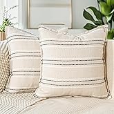 cygnus Decorative Linen Striped Throw Pillow Covers 18x18 Inch Set of 2 Neutral Boho Farmhouse Textured Cushion Covers Modern Home Decor for Couch Sofa Bed Living Room,Beige and Gray