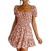 Imily Bela Womens Summer Dress Ruffle Sleeve Sqaure Neck Smocked Sun Dress Casual Boho Beach Floral Mini Dress