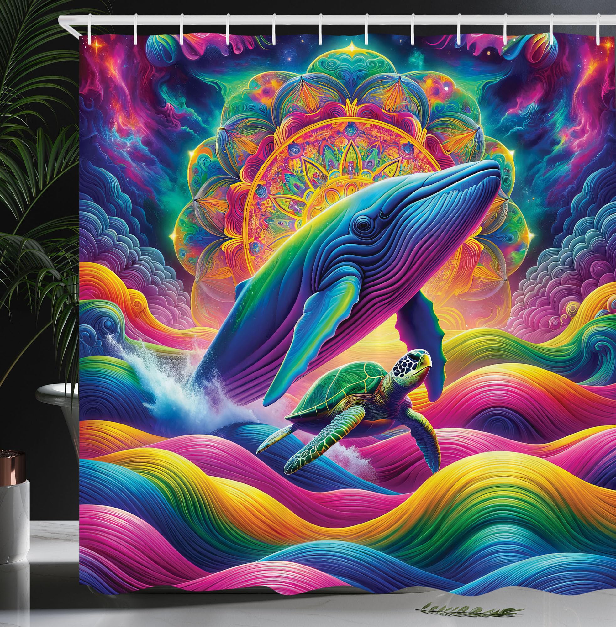 ABAKUHAUS Nautical Shower Curtain, Psychedelic Rainbow Colors, Cloth Fabric Bathroom Decor Set with Hooks, 175 x 200 cm, Pink Blue