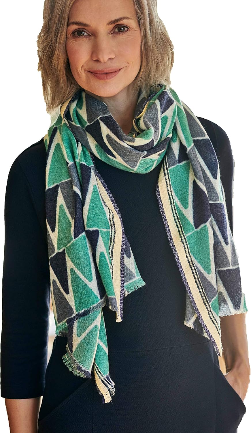 WoolOvers Womens Pure Wool Multi Triangle Pattern Scarf Fern/Marine Blue One Size at Amazon 