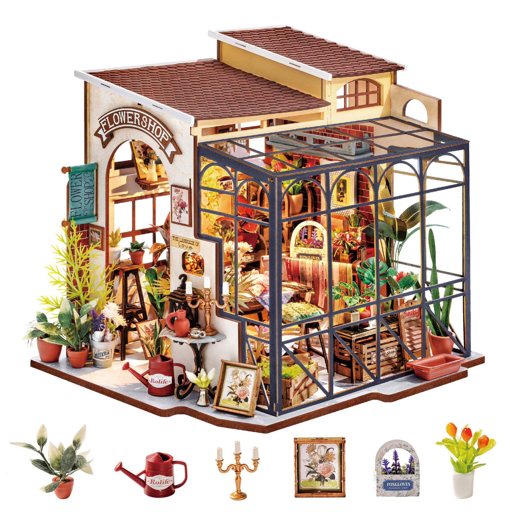Rolife DIY Miniature House Kits Emily's Flower Shop Wooden Dollhouse Model Kits for Adults to Build Book Nook Kit Home Decoration Birthday Gift