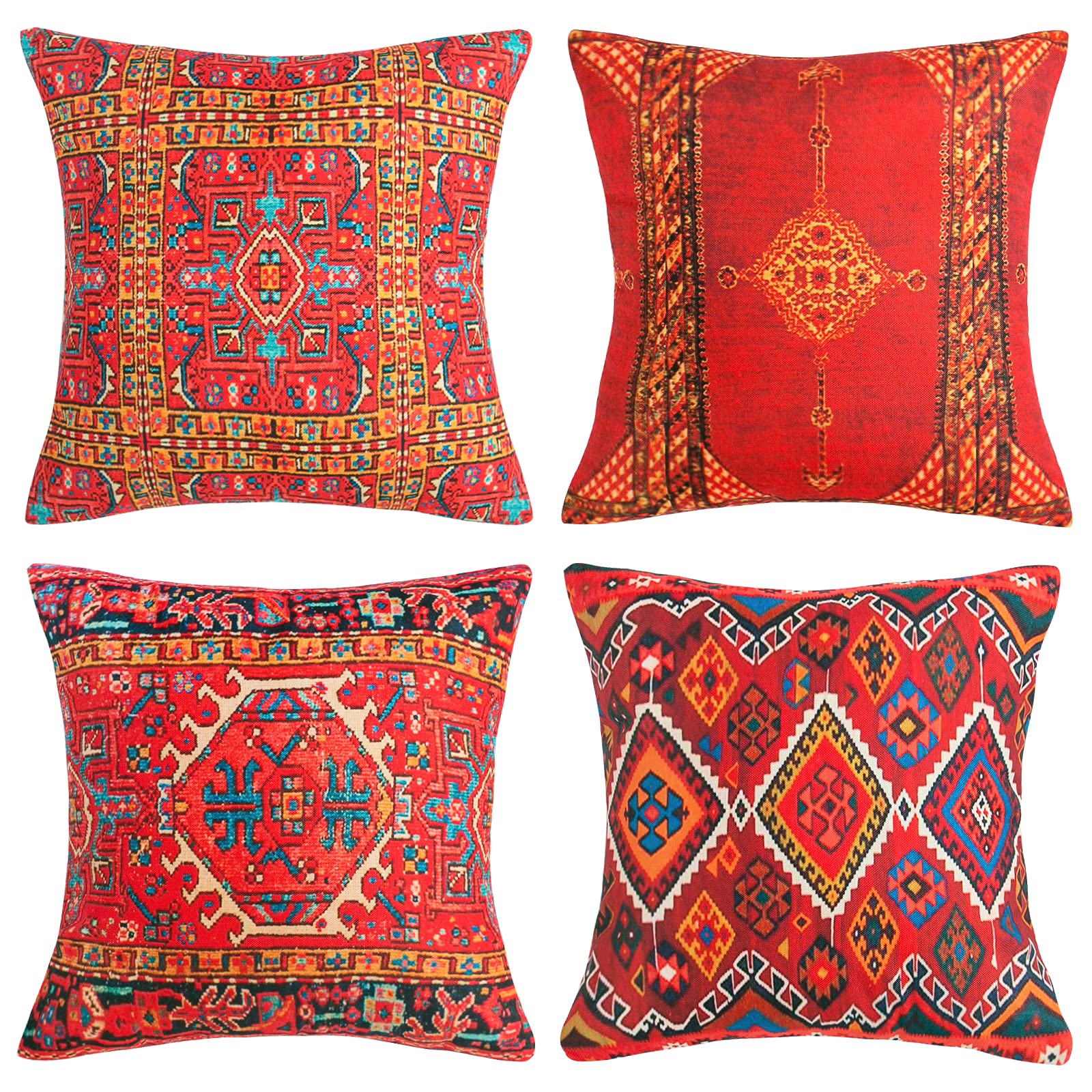 Boho Cushion Covers 45 x 45 Red Ethnic Outdoor Decorative Pillow Covers Vintage Oriental Carpet Tribal Square Pillowcases Linen Throw Pillow Case 18x18 inch Set of 4 for Sofa Couch Bedroom Livingroom