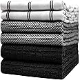 Premium Kitchen Towels (20”x 28”, 6 Pack) | Large Cotton Hand Towels | Flat & Terry Dish Towels | Highly Absorbent Tea Towels Set with Hanging Loop | Black Check