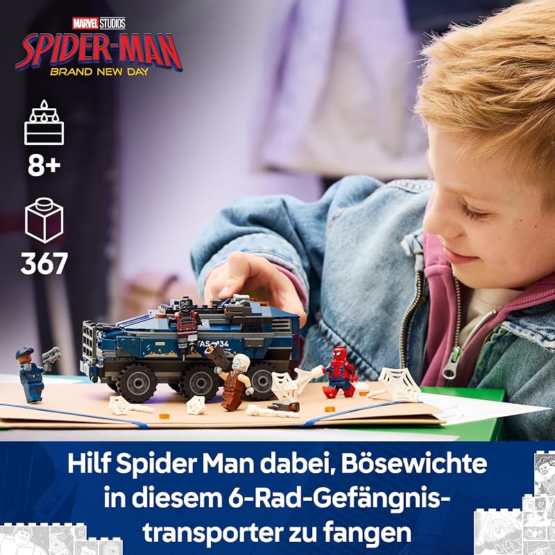 | Marvel Spider-Man Jagt den Gefängnistransporter - Superhelden Spielzeug mit gepanzertem Fahrzeug und 4 Minifiguren inkl. Tombstone und Tarantula - Geschenk für Jungen ab 8 Jahren - 76349