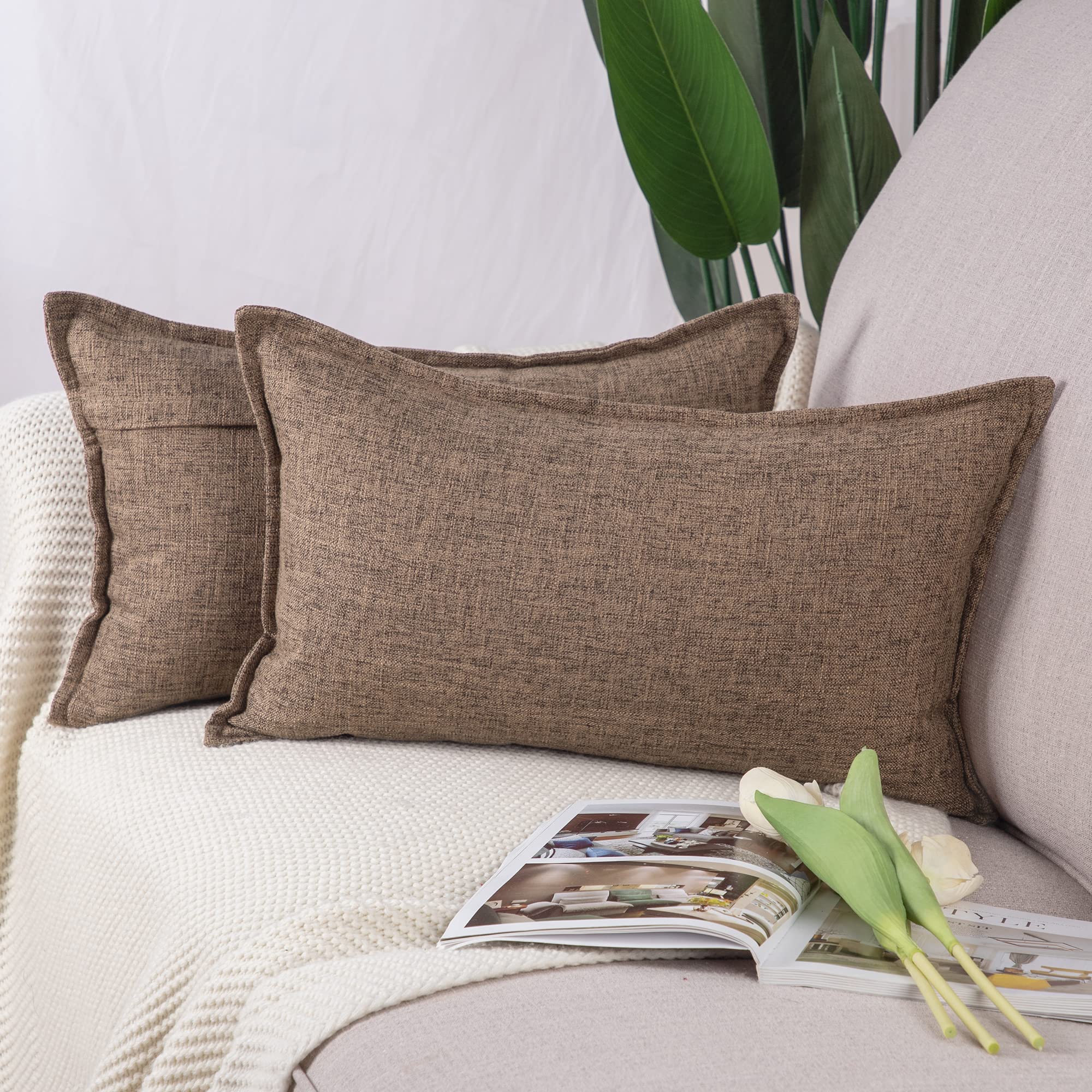 Madizz Set of 2 Faux Linen Cushion Covers 12x20 inch, 30x50 cm, Dark Brown Soft Decorative Couch Pillows for Bed Pillowcases for Sofa Livingroom Home Decor