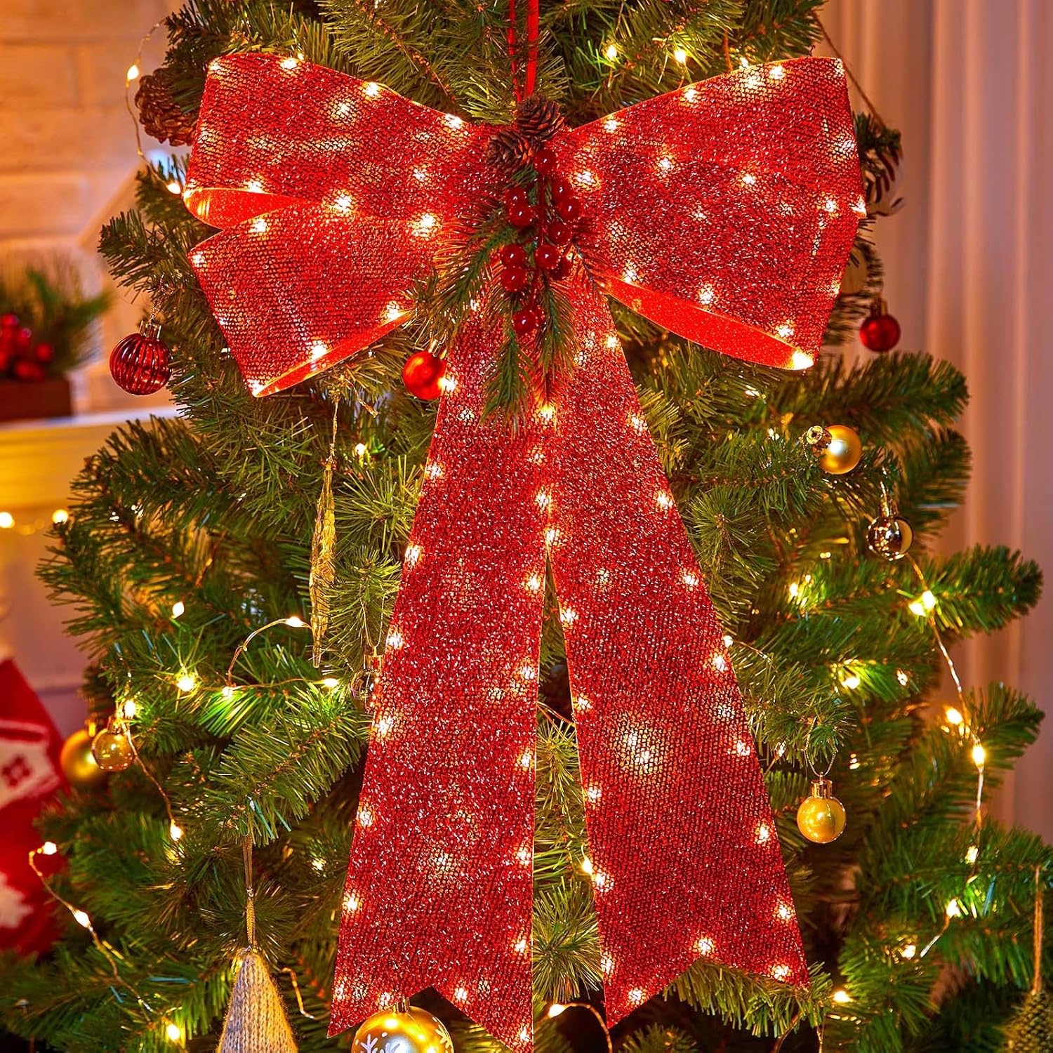Bows & Ribbons - Brightown Christmas Tree Topper Bow, 16'' x 24'' LED Christmas Wreath Bow with Timer, Tree Topper Bow with Realistic Red Berries Pine Cone Needles for Christmas, Party, Home Decoration
