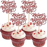24 PCS Happy Valentine's Day Cupcake Toppers Glitter Sweet Love Heart Be My Valentines Cupcake Picks Galentine's Day Cake Decorations for Happy Valentine's Day Theme Birthday Party Supplies Red