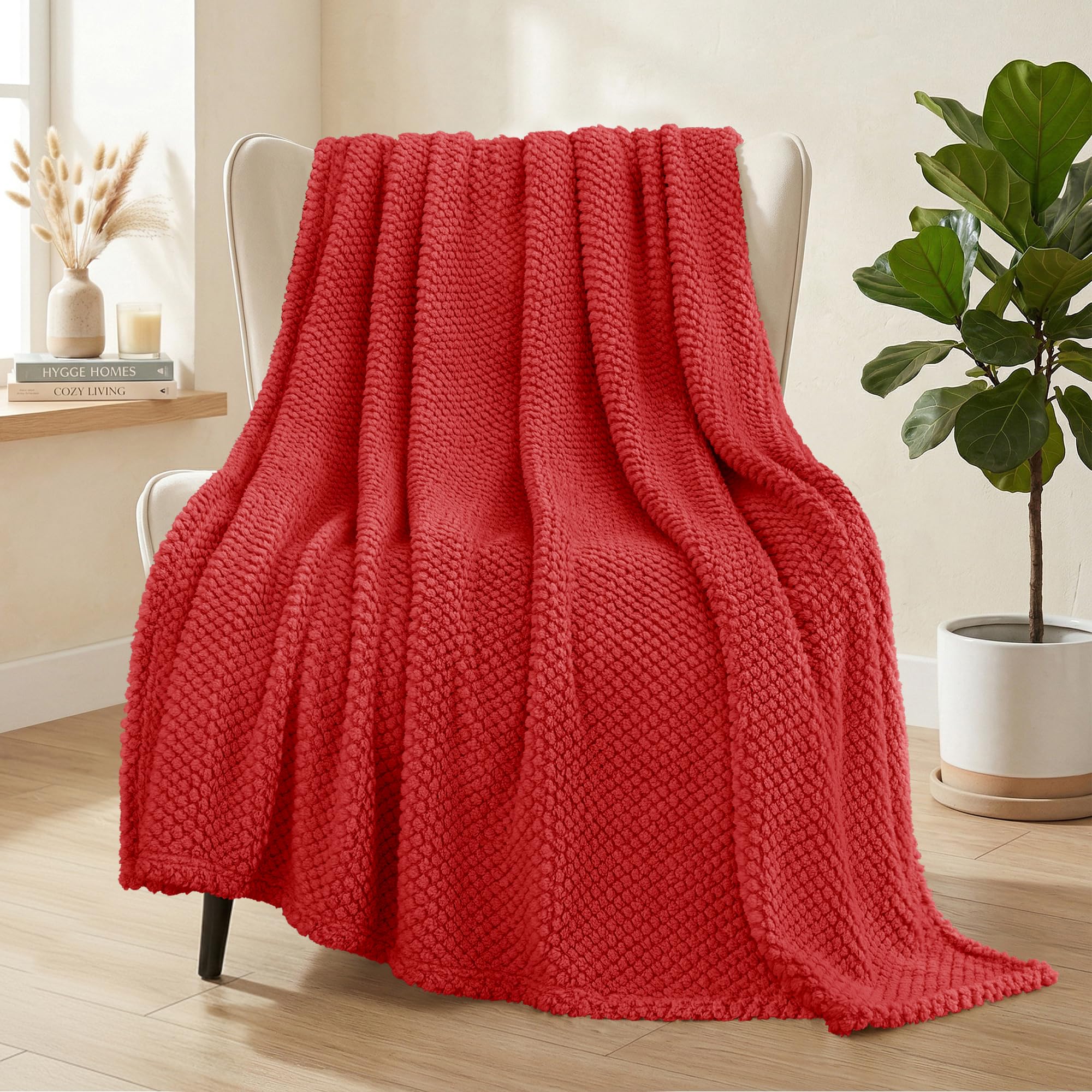 Whale Flotilla Large Fuzzy Fleece Throw Blanket for Sofa, 130x180 CM Fluffy Warm Soft Jacquard Blankets for All Season, Lightweight and Cozy, Red