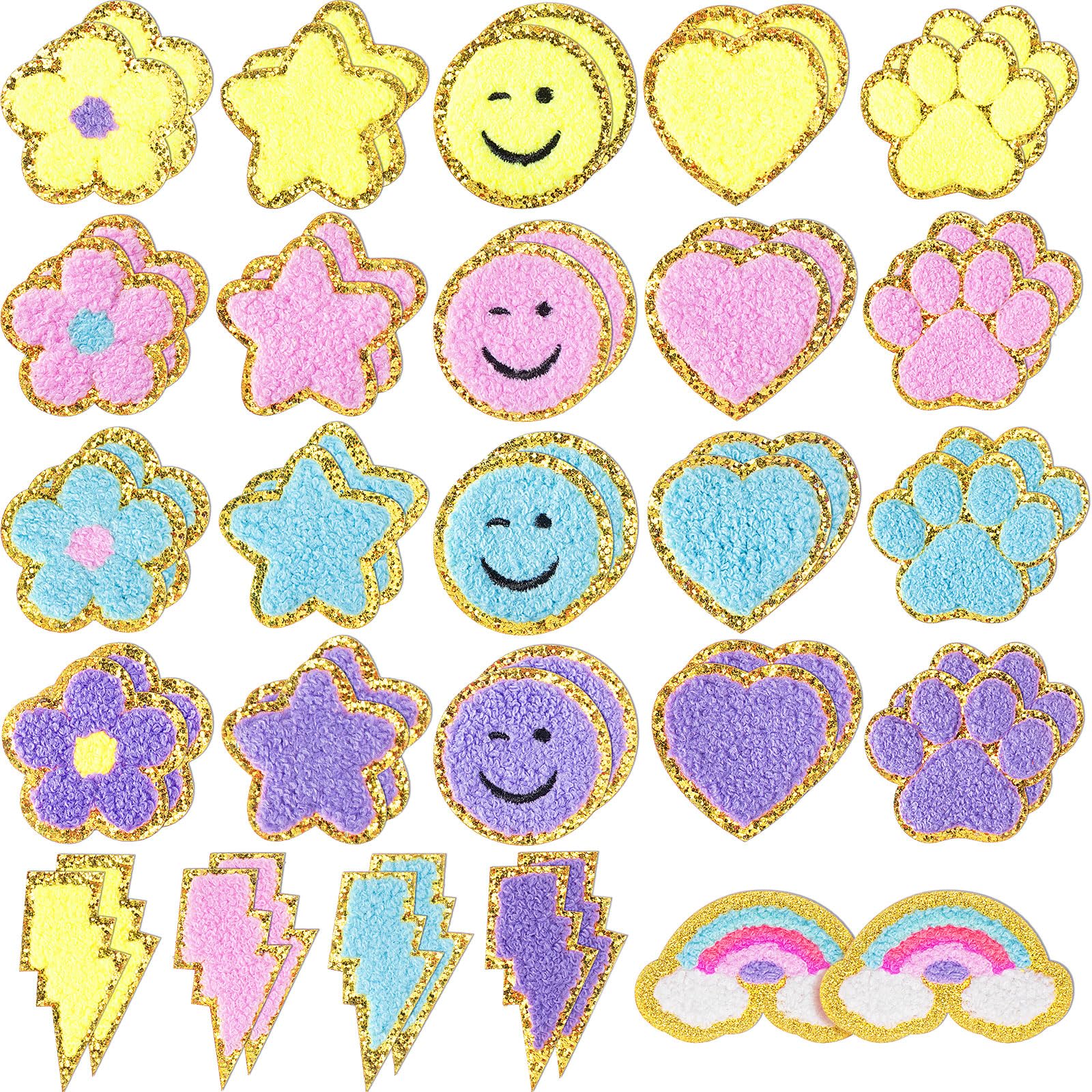 Photo 1 of Yilloog 50 Pcs Self Adhesive Chenille Patches Paw Print Smile Face Heart Patch Preppy Sticker Chenille Rainbow Sew on Sticker for Jackets Jeans (Cute Style,Pastel Color)