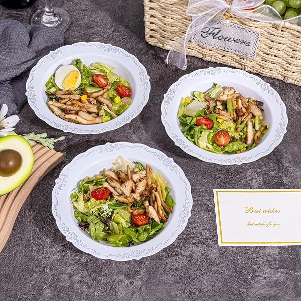 DAYAMMI 50 PACK PLASTIC BOWLS WITH SILVER RIM, 12OZ DISPOSABLE SOUP BOWLS,SILVER BOWLS DISPOSABLE HEAVY DUTY DINNER BOWL FOR WEDDING,PLASTIC SERVING BOWLS FOR PARTIES,DINNERS,CATERING AND EVERYDAY USE