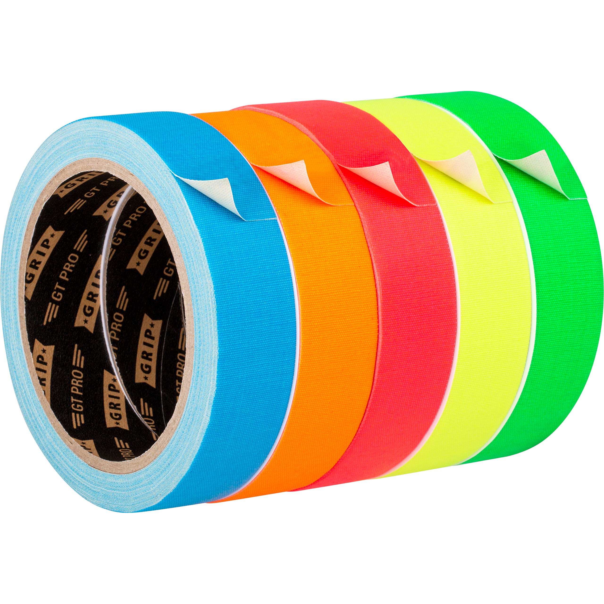 GRIP Eventbasics GT PRO Neon Tape, Set of 5, Fabric Tape, 25 mm x 10 m, Hula Hoop Tape, Neon Green, Neon Pink, Neon Blue, Neon Orange, Neon Yellow