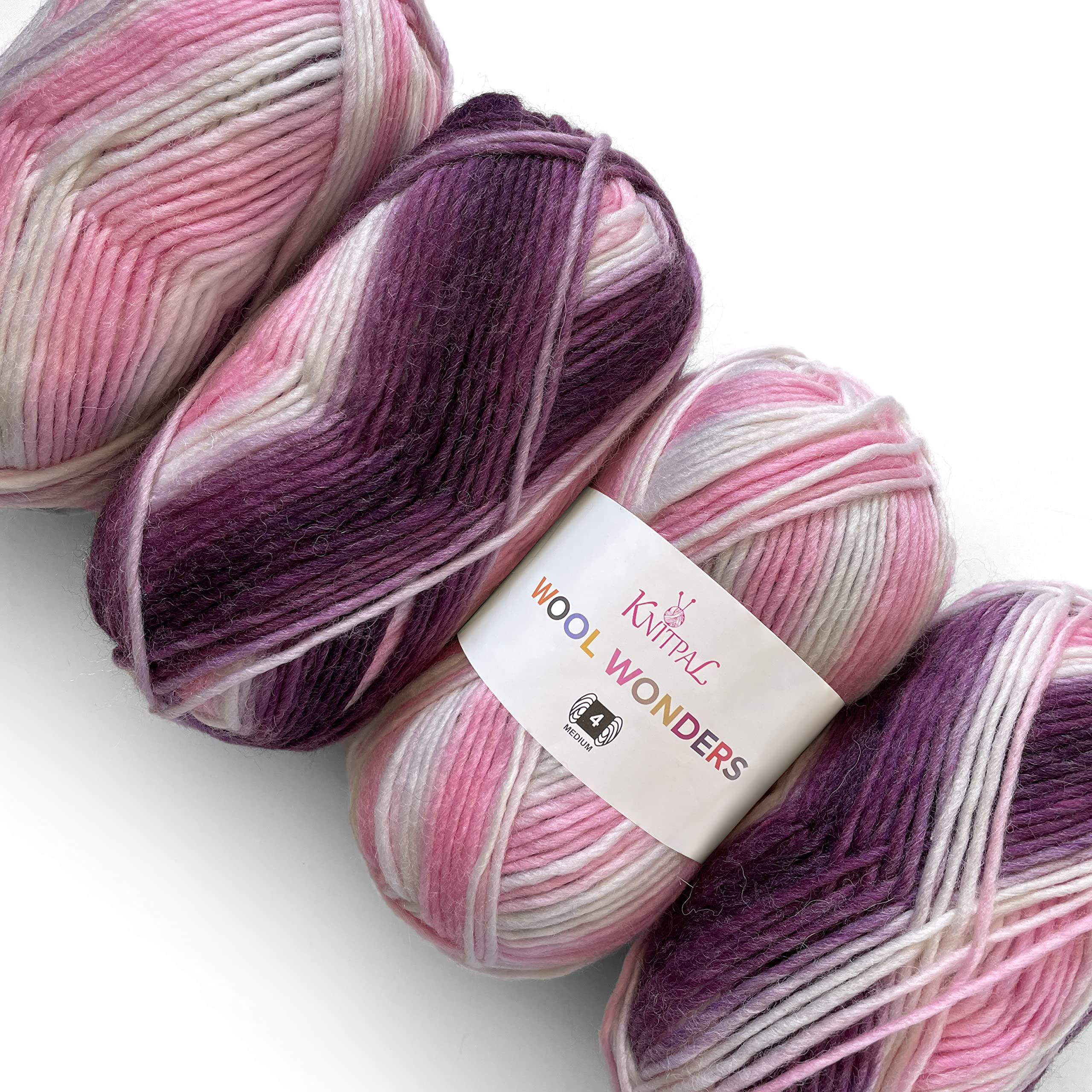 Wool Wonders Variegated #4 Medium Heavy Worsted/Aran Weight Thick Yarn, 30% Australian Wool and 70% Acrylic,4 Skeins, 400g/584m (Plum Pink)
