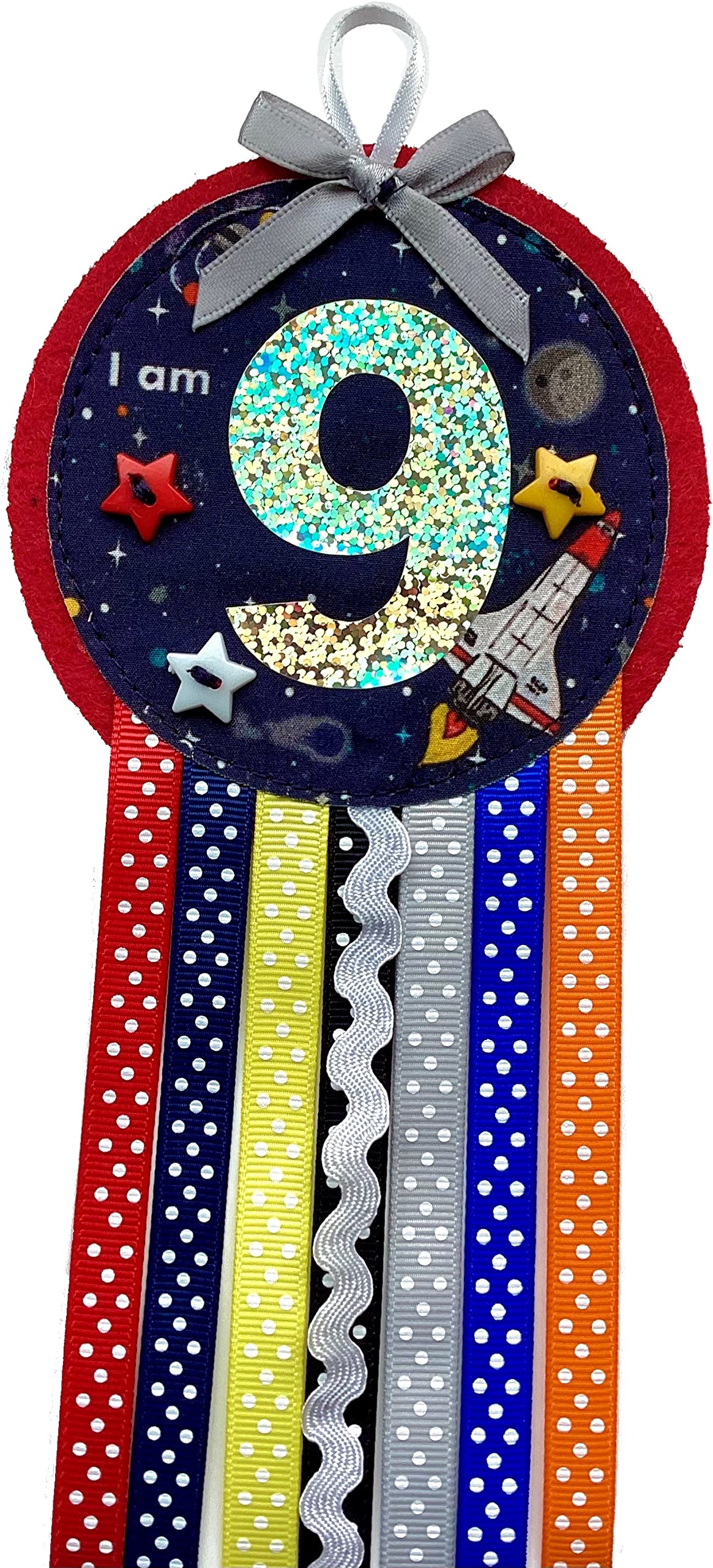 Ditsy Rosettes Space Shuttle Rocket Birthday Rosette Badge - Age 3, 4, 5, 6, 7, 8, 9 - Perfect Party Gift card – Birthday Boy, Birthday Girl (Age 9)