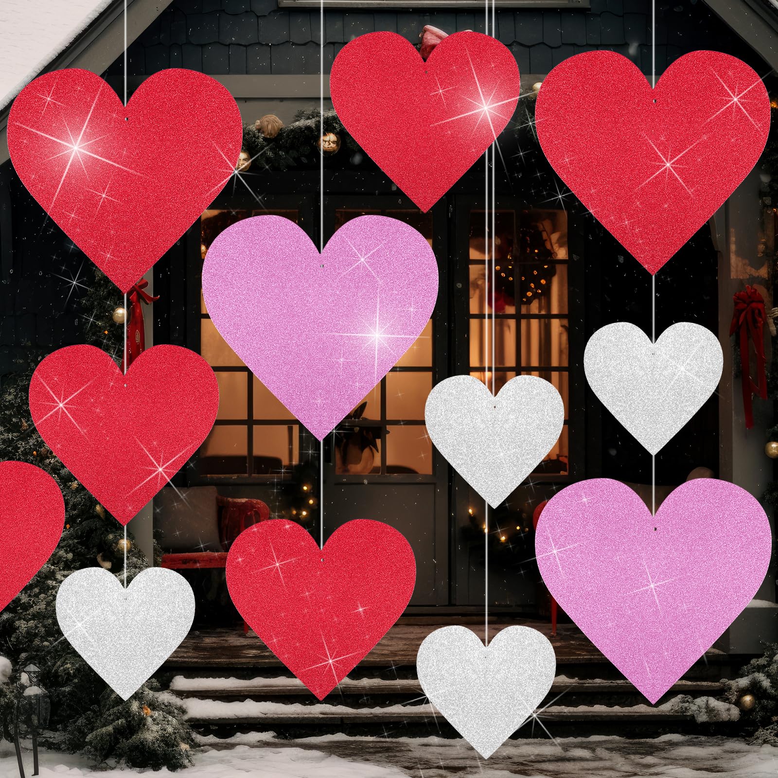Photo 1 of 16 Pcs Large Valentines Day Decorations 12"/10"/8.5" Glitter Paper Hanging Hearts Giant Cutouts Double Sided Galentines Day Decorations 9.8 ft Ribbon for Anniversary Bachelorette Bridal Engagement