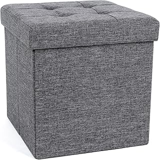 SONGMICS Sitzhocker mit Stauraum, Sitzwürfel mit Deckel, Sitztruhe, Aufbewahrungsbox, faltbar, max. statische Belastbarkeit 300 kg, 40 L, 38 x 38 x 38 cm, Leinenimitat, dunkelgrau LSF27Z
