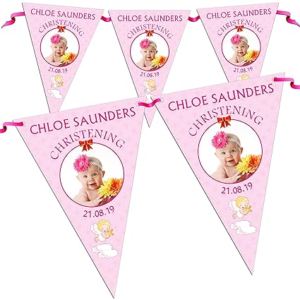 Personalised Girls Christening Baptism Photo Flag Banner Bunting