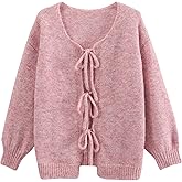 Lumister Cute Oversized Cardigan Sweaters for Women Y2K Long Sleeve V Neck Bow Tie Front Cadigan Knitwears Bow Tops (0737-Pink-XS), X-Small