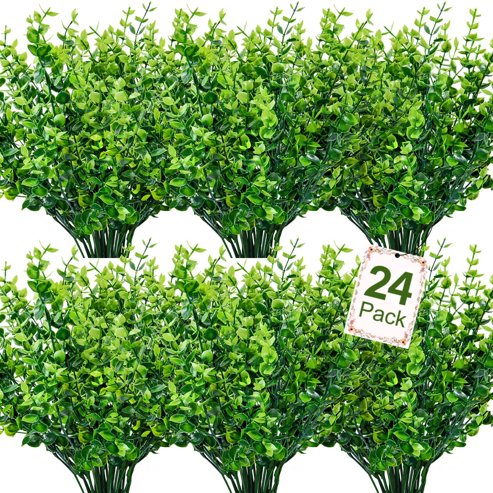 Photo 1 of Ouddy Decor 24 Bundles Artificial Greenery Stems Fake Plants Outdoor UV Resistant Faux Plastic Boxwood for Kitchen Office Garden Porch Farmhouse Window Box Home Decor