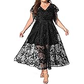 Beckyrebelly Plus Size Cocktail Wedding Guest Dress for Women Empire Waist Sequin Embroidered Lace Midi Dresses