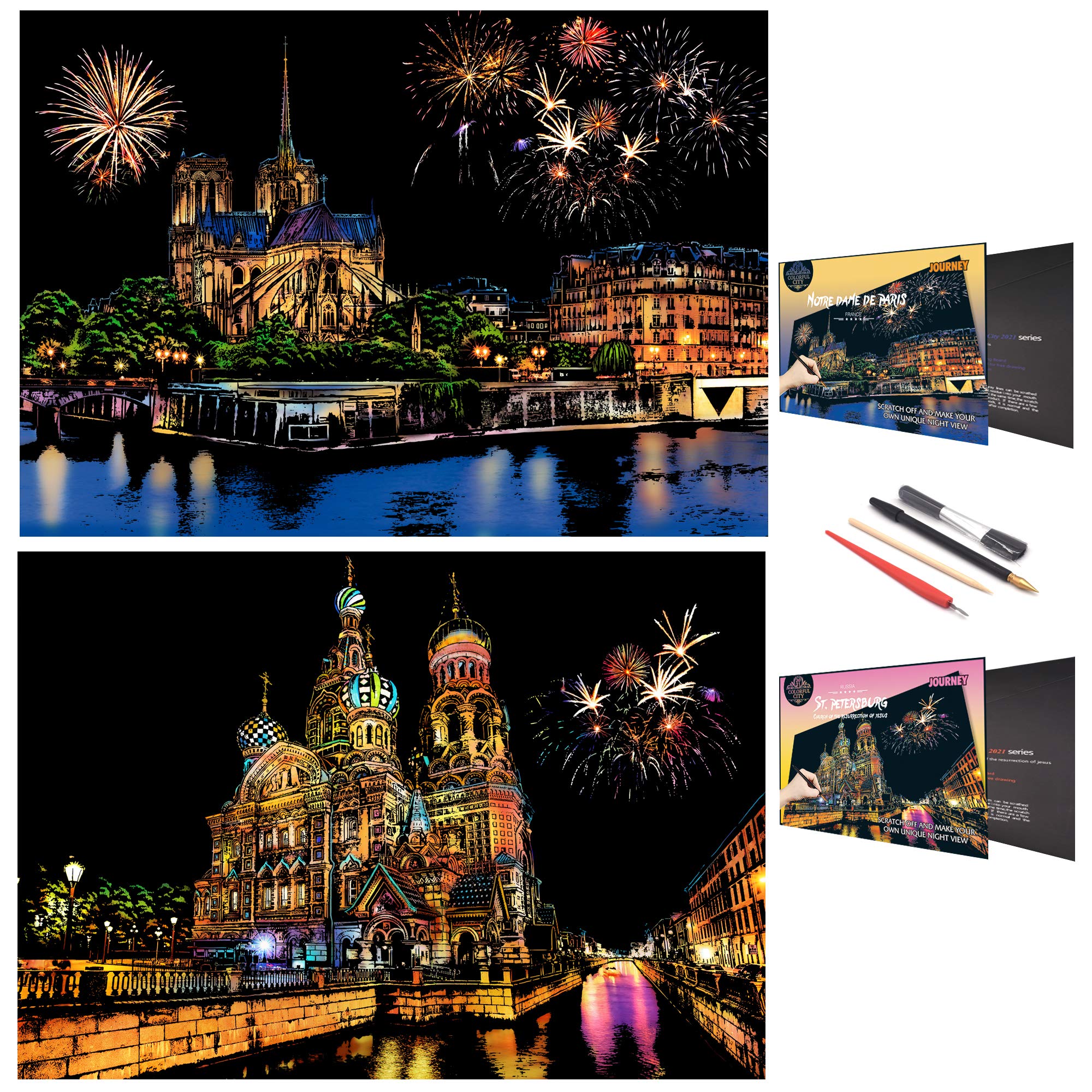 SiYear Scratch Art Painting Paper Set for Adults & Kids,Landmark Building City Series Night Scene,Scratchboard Creative Gift DIY Foil Engraving Crafts with 4 Tools (A3-Church Series）