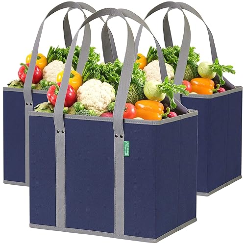 Reusable Grocery Bags (3 Pack) – Heavy Duty Reusable Shopping Bags with Box  Shape to Stand Up, Stay Open, Fold Flat – Large Tote Bags are Foldable