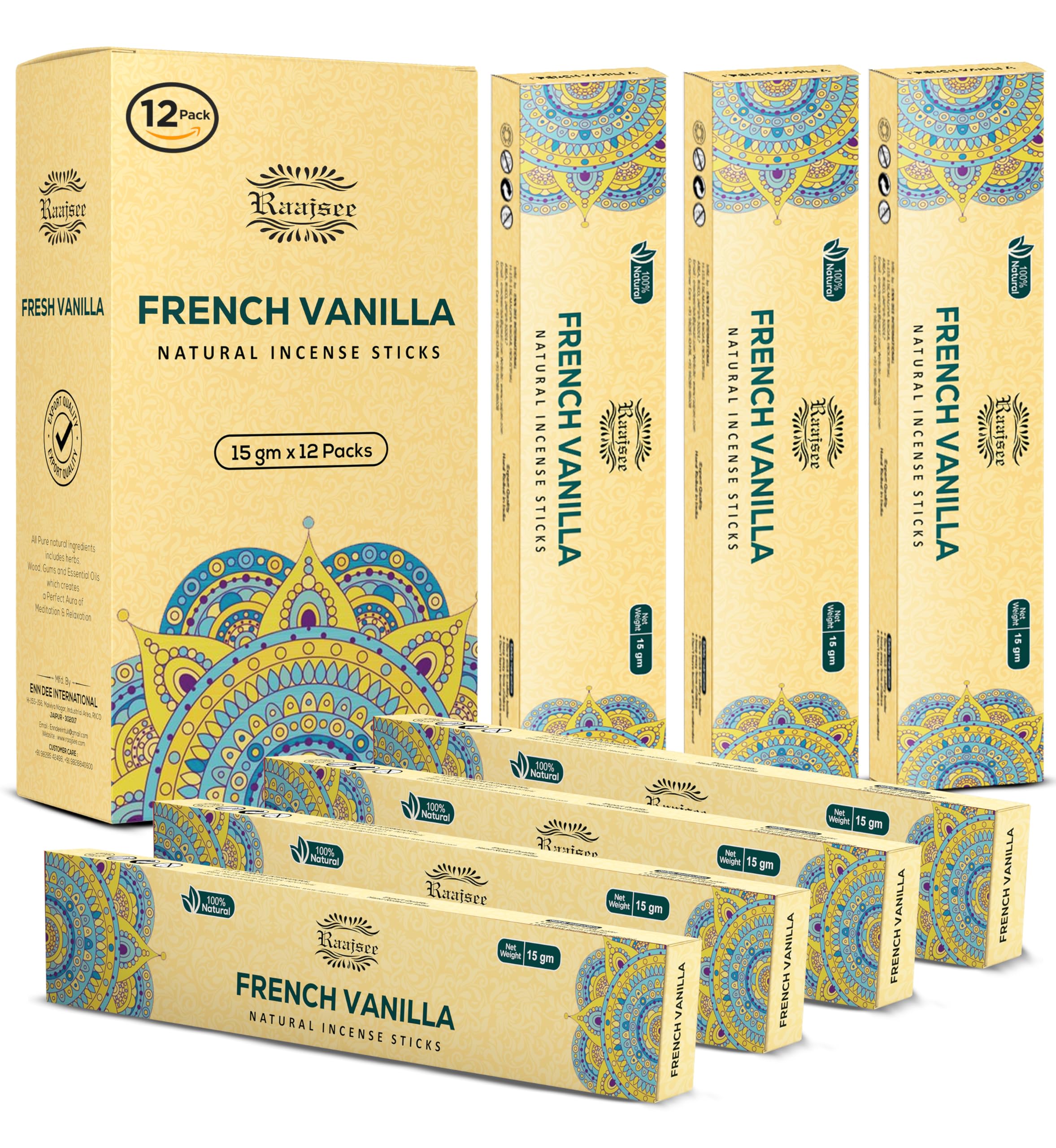 raajsee 15 GMS x 12 Pack French Vanilla Incense Sticks,100% Pure Organic Natural Hand Rolled Free from Chemicals - Perfect for Aromatherapy, Cleansing,Meditation