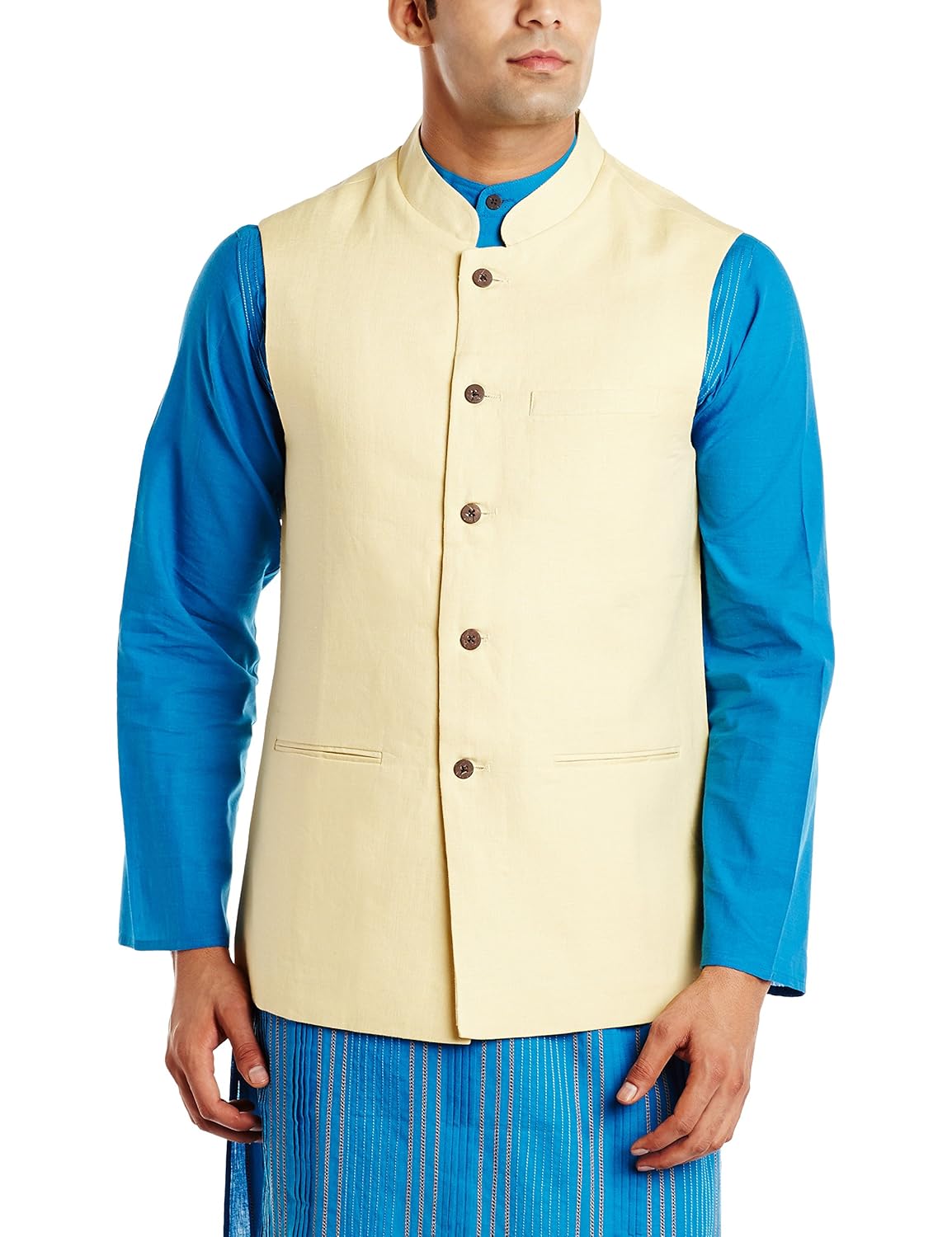 fabindia men's banded collar linen jacket