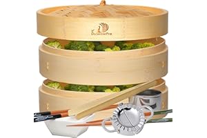 Bamboo Steamer for Cooking 10” -by DoSensePro Includes 2 Tiers, Stainless Steel Dumpling Maker, Liners, Chopsticks, Ceramic Dish, and Bamboo Tongs. Dumpling Steamer Basket Cooker for Healthy Low-Fat Diet