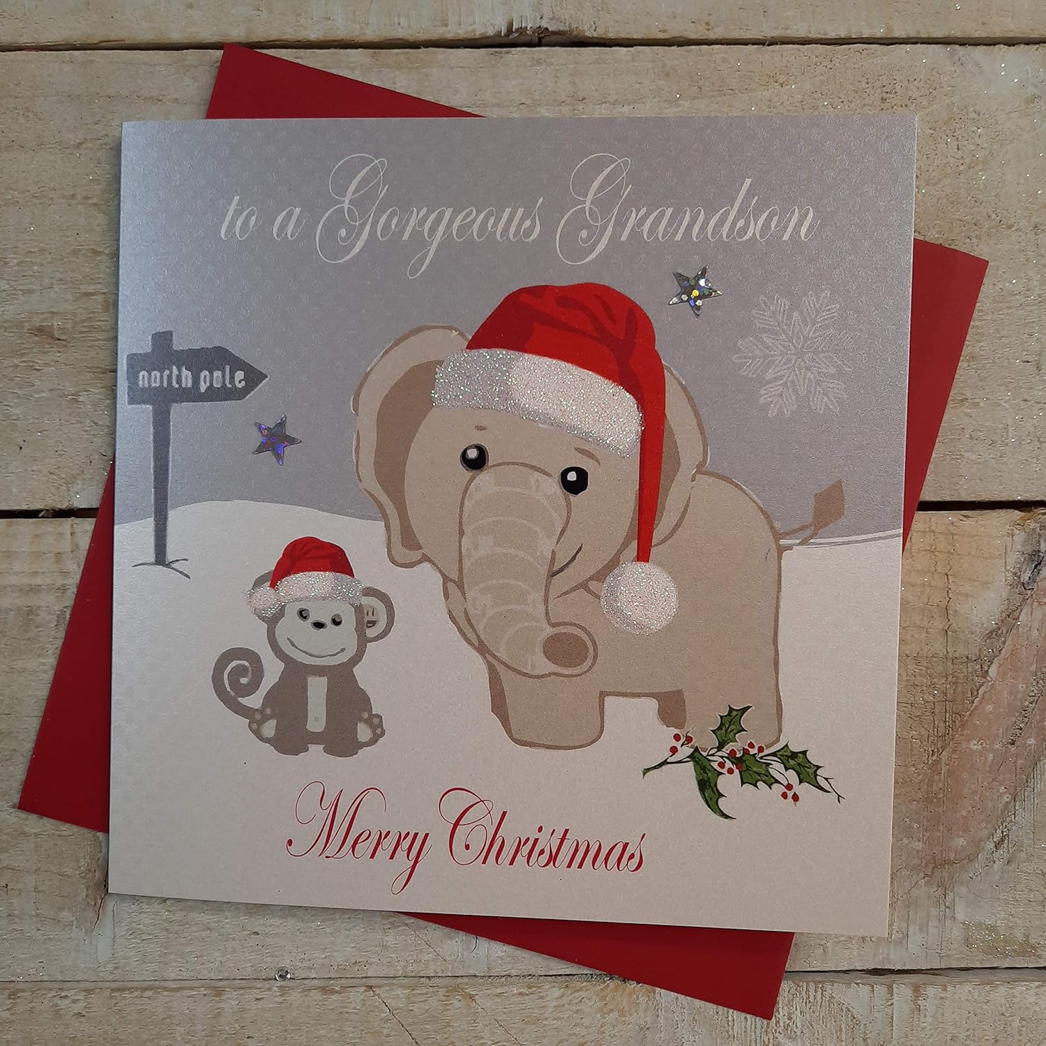 White Cotton Cards To A Gorgeous Grandson Merry, Handmade Christmas Card. (Elephant & Monkey, Code xx14-36)