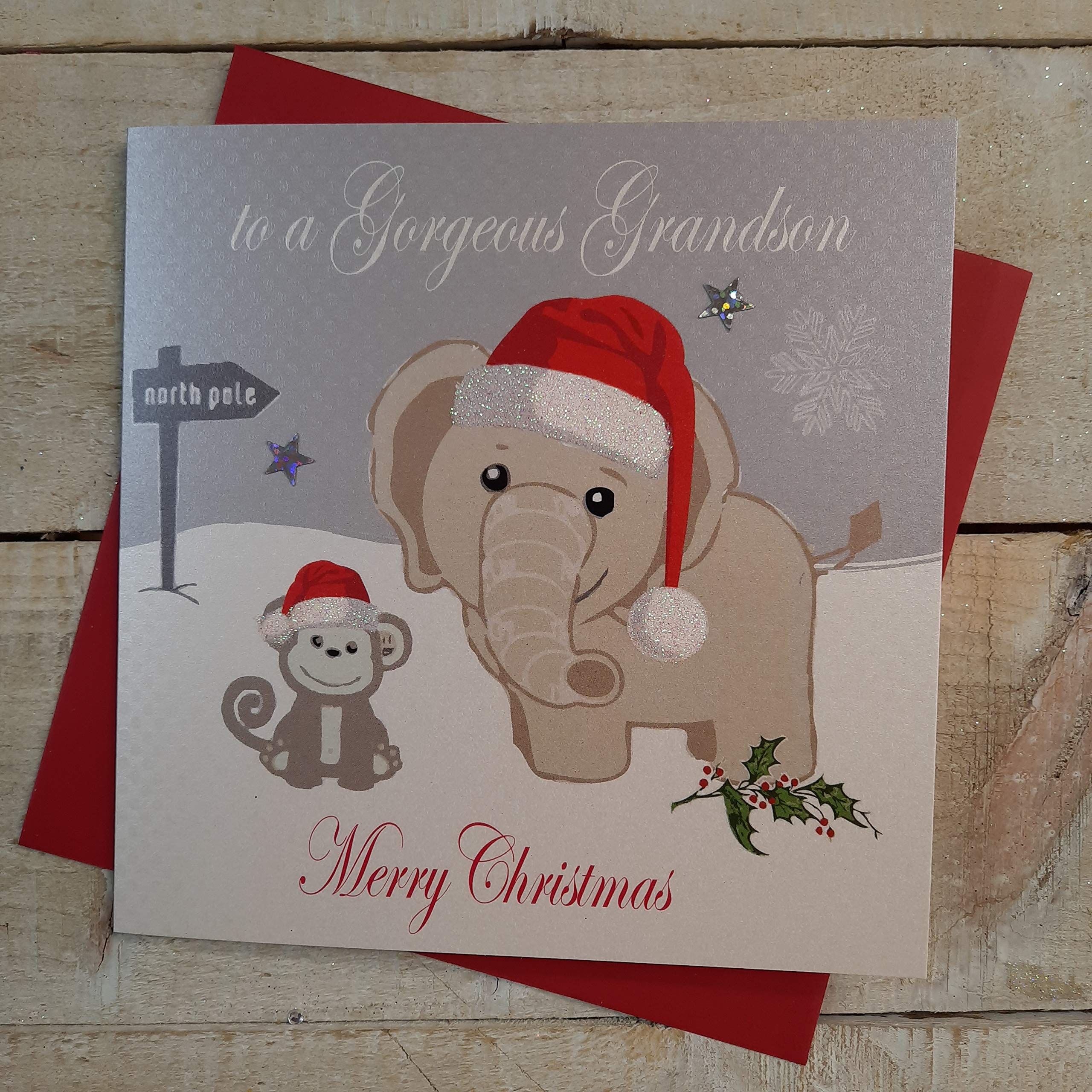 White Cotton Cards To A Gorgeous Grandson Merry, Handmade Christmas Card. (Elephant & Monkey, Code xx14-36)