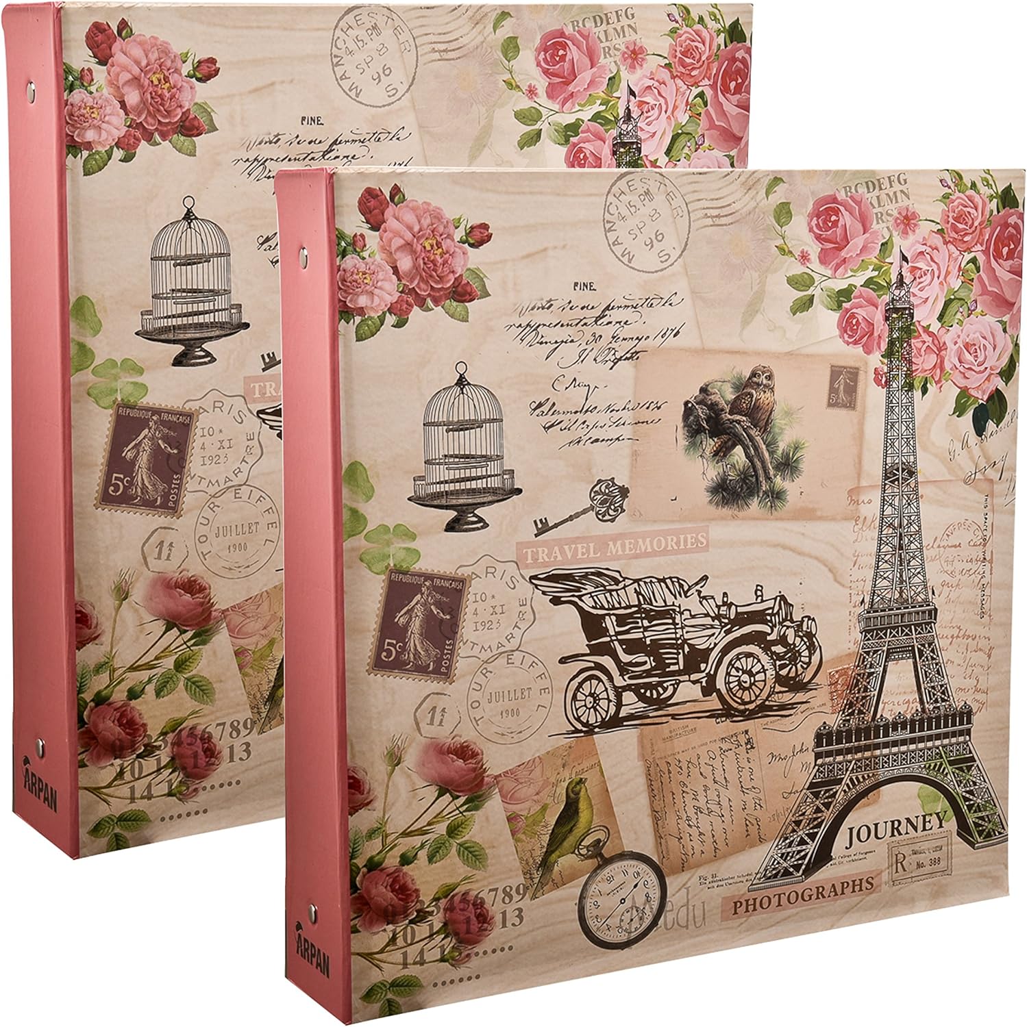 ARPAN 2 x Slip in Case 3-Ring Binder Photo Album CD/DVD Pocket Horizontal Vertical Pockets Holds 500 Photos 6'' x 4''/ 10x15 cm (Vintage Travel) CL-FL500-X2
