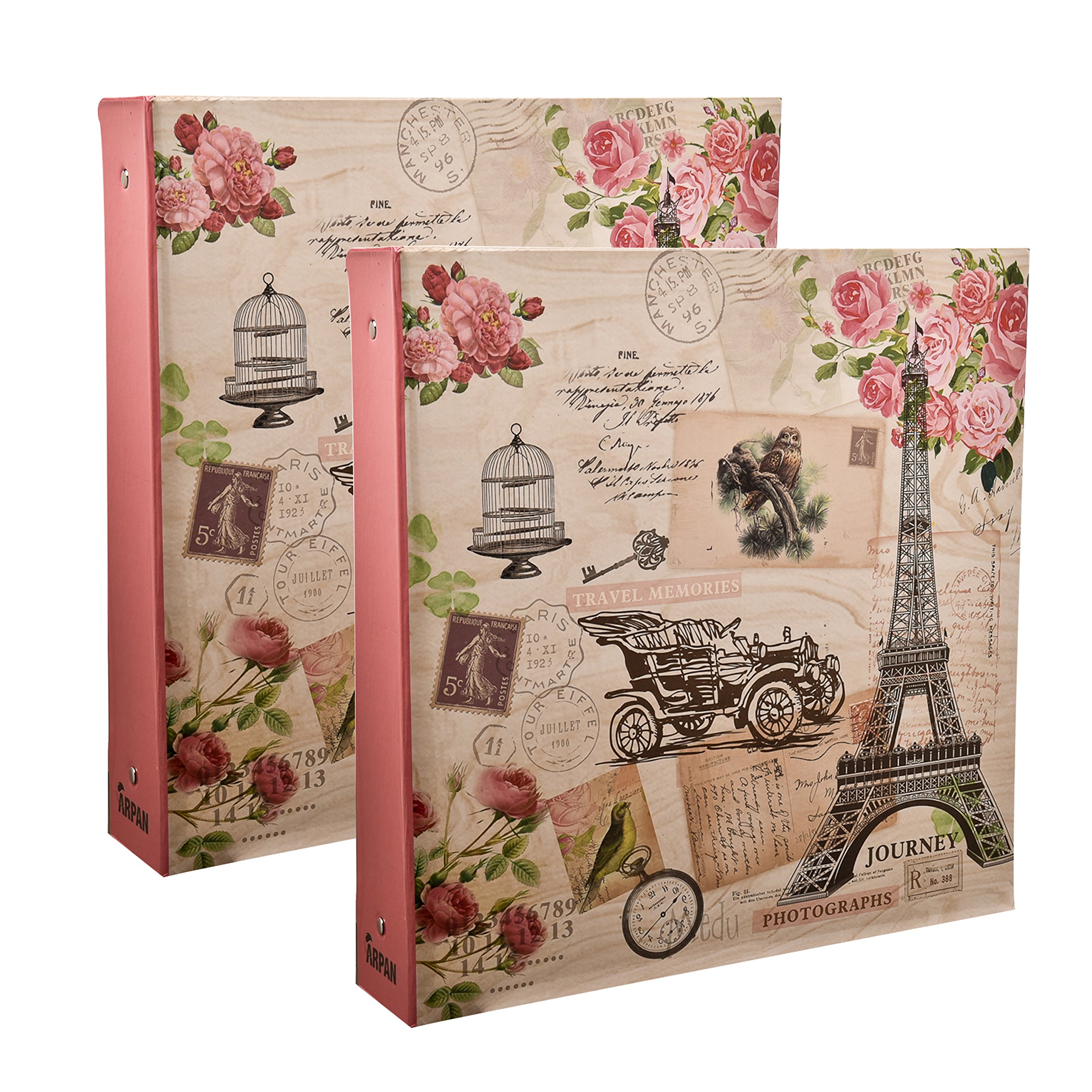 ARPAN 2 x Slip in Case 3-Ring Binder Photo Album CD/DVD Pocket Horizontal Vertical Pockets Holds 500 Photos 6'' x 4''/ 10x15 cm (Vintage Travel) CL-FL500-X2