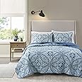 Comfort Spaces Reversible Quilt Set-Vermicelli Stitching Design All Season, Lightweight, Coverlet Bedspread Bedding, Matching Shams, Full/Queen (90 in x 90 in), Gloria Damask Aqua 3 Piece