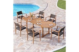 PHI VILLA 7 Pieces Acacia Wood Outdoor Dining Set for 6, Expandable Teak Wooden Table & Chairs, Large Farmhouse Furniture Set for Patio, Deck, Yard, Porch