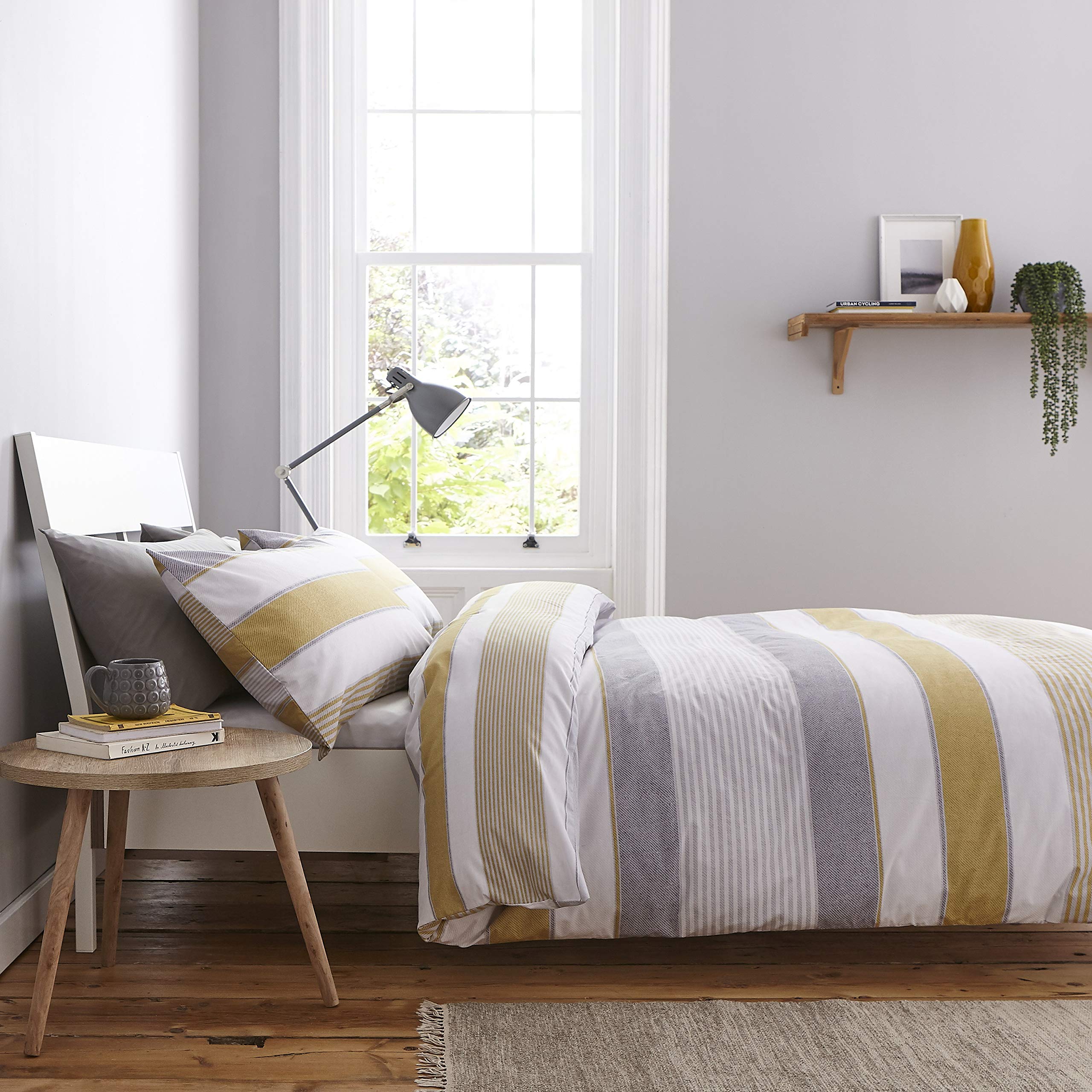 Catherine Lansfield New Quay Stripe Duvet Cover + Pillowcase, Cotton, Ochre 135 x 200 + 80 x 80 2