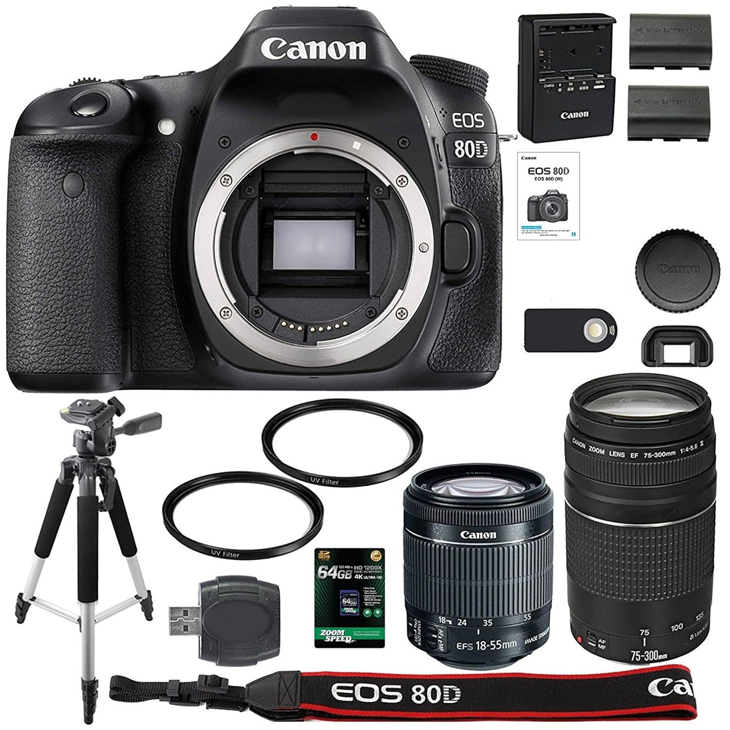 Canon EOS 80D Digital SLR Camera + 18-55mm STM + Canon 75-300mm III Lens + SD Card Reader + 64gb SDXC + Remote + Spare Battery + Accessory Bundle - International Version