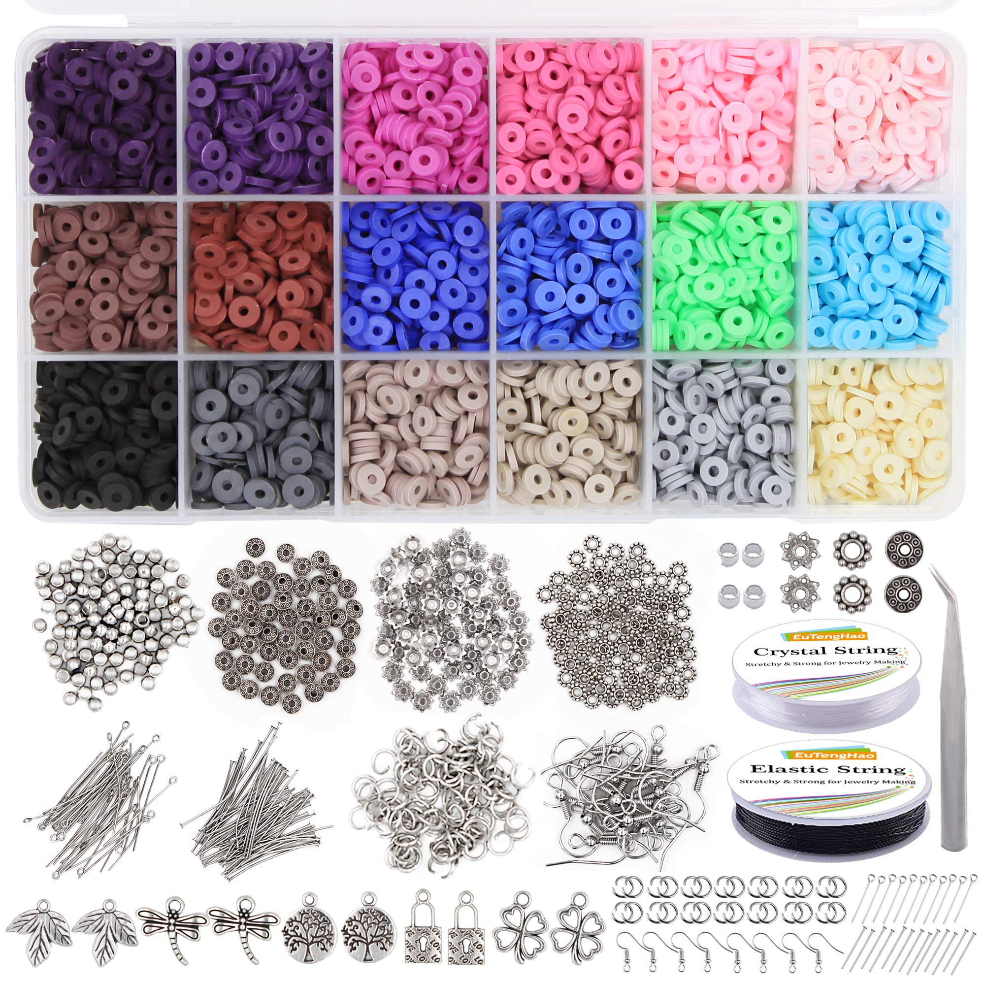 EuTengHao 5755Pcs Flat Round Polymer Clay Spacer Beads,Ceramic Beads,African Disc Beads for Jewelry Making Bracelets Necklace Earring DIY Craft Kit with Pendant and Jump Rings (18 Colors, 6mm Beads)