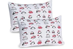 Ambesonne Winter Pillow Sham Set of 2, Penguins Hand Drawn Merry Christmas Greetings, Quality Microfiber Bedding Item for All Seasons, 26" x 20", White Pink