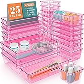 WOWBOX 25 PCS Plastic Drawer Organizer Set, 4 Sizes Desk Drawer Divider Organizers and Storage Bins for Makeup, Jewelry, Gadgets for Kitchen, Bedroom, Bathroom, Office, Clear Pink