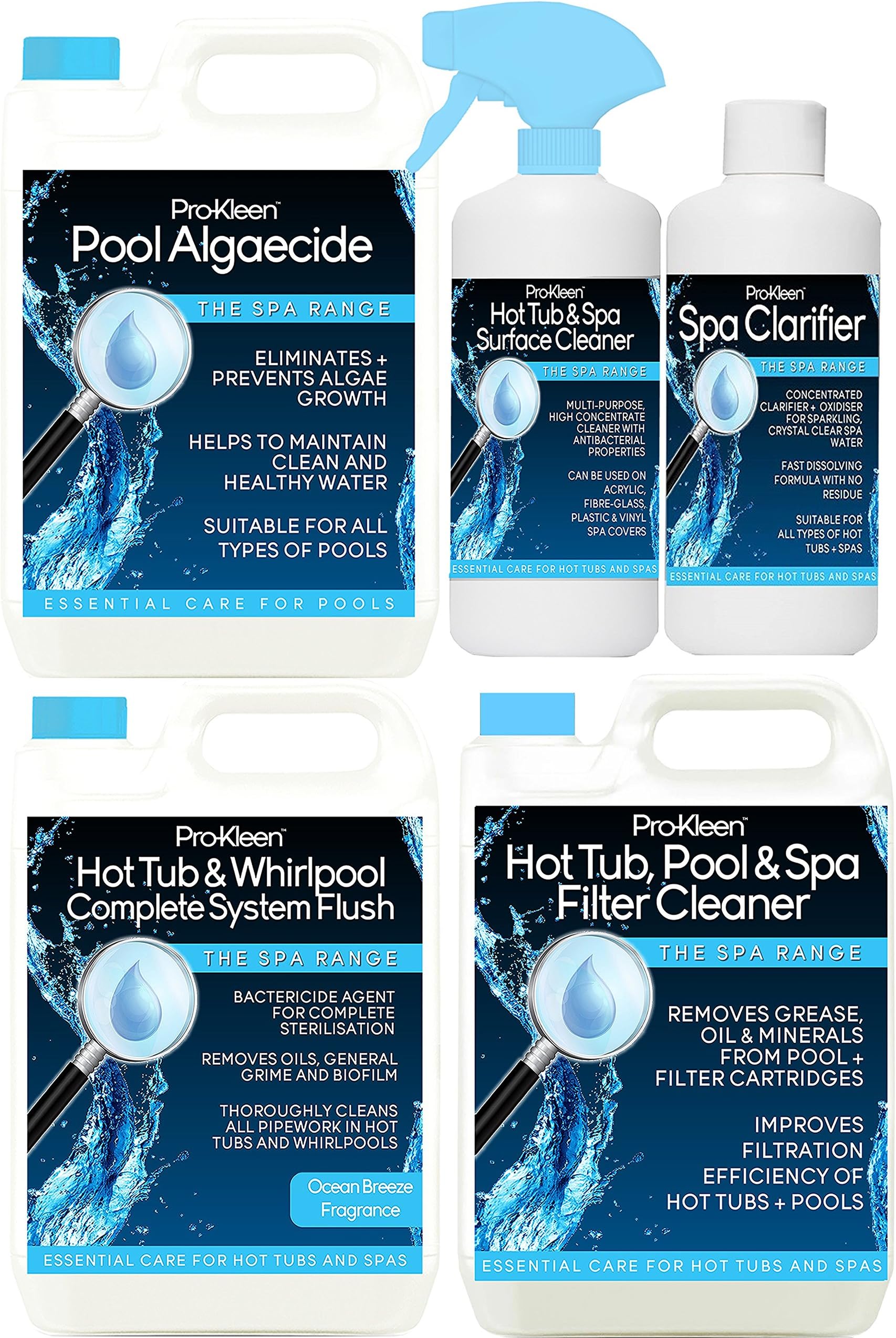 Pro-Kleen 5 Litre Hot Tub & Whirlpool Complete System Flush with Pro-Kleen 5L Filter Cleaner, 5L Pool Algaecide, 1L Spa Clarifier and 1L Surface Cleaner Chemicals