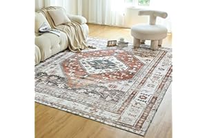 OIGAE Washable Rug 5x7, Vintage Medallion Area Rugs with Non-Slip Backing, Non-Shedding Floor Mat Throw Carpet for Living Room Bedroom Kitchen Laundry Home Office, Red